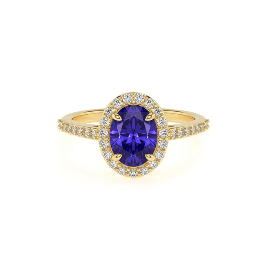 lab grown tanzanite oval solitaire rings in yellow gold 