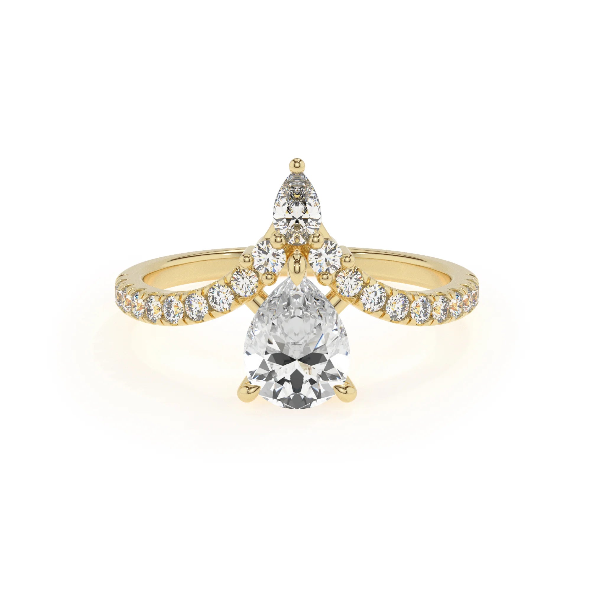 lab grown moissanite pear solitaire rings in yellow gold 