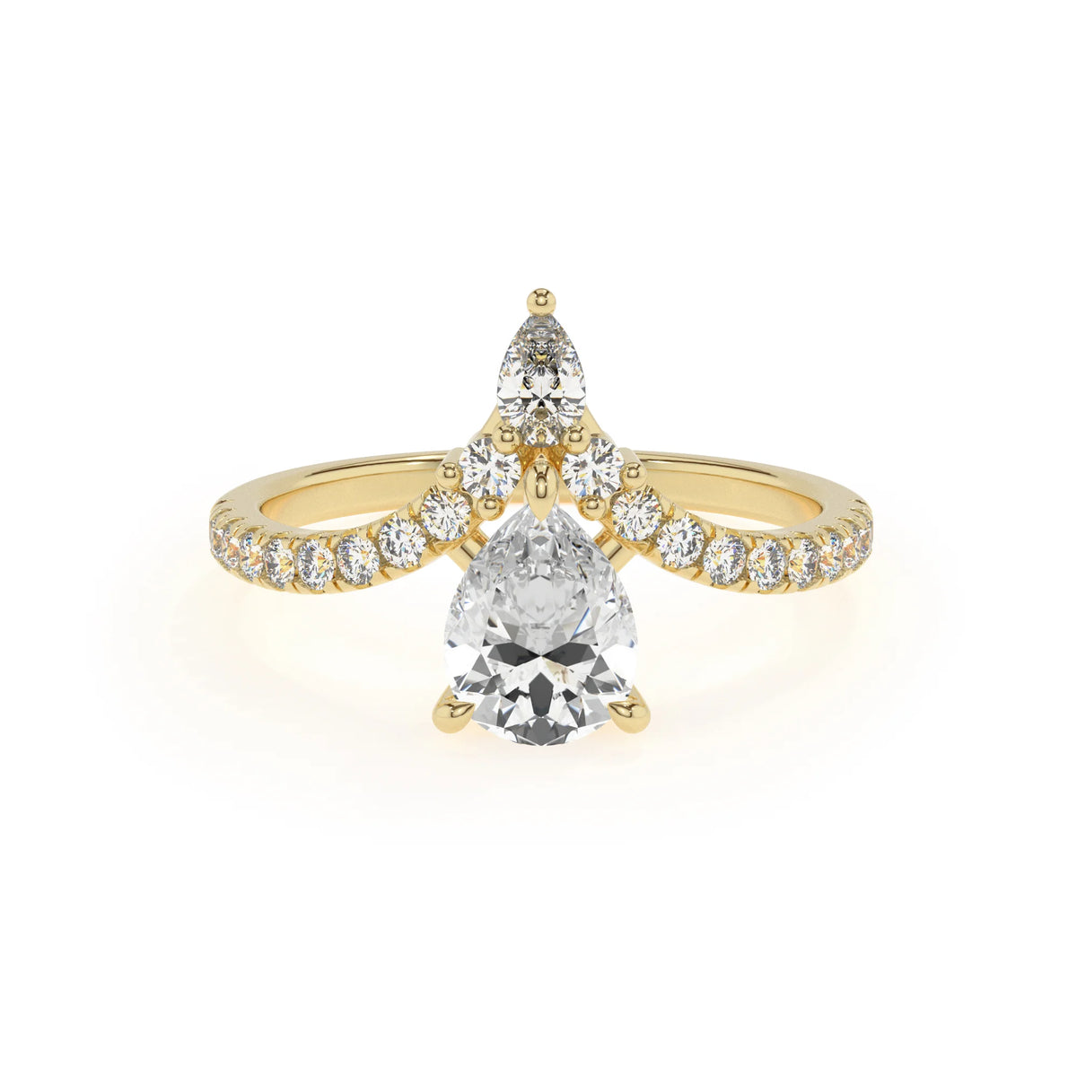 lab grown moissanite pear solitaire rings in yellow gold 