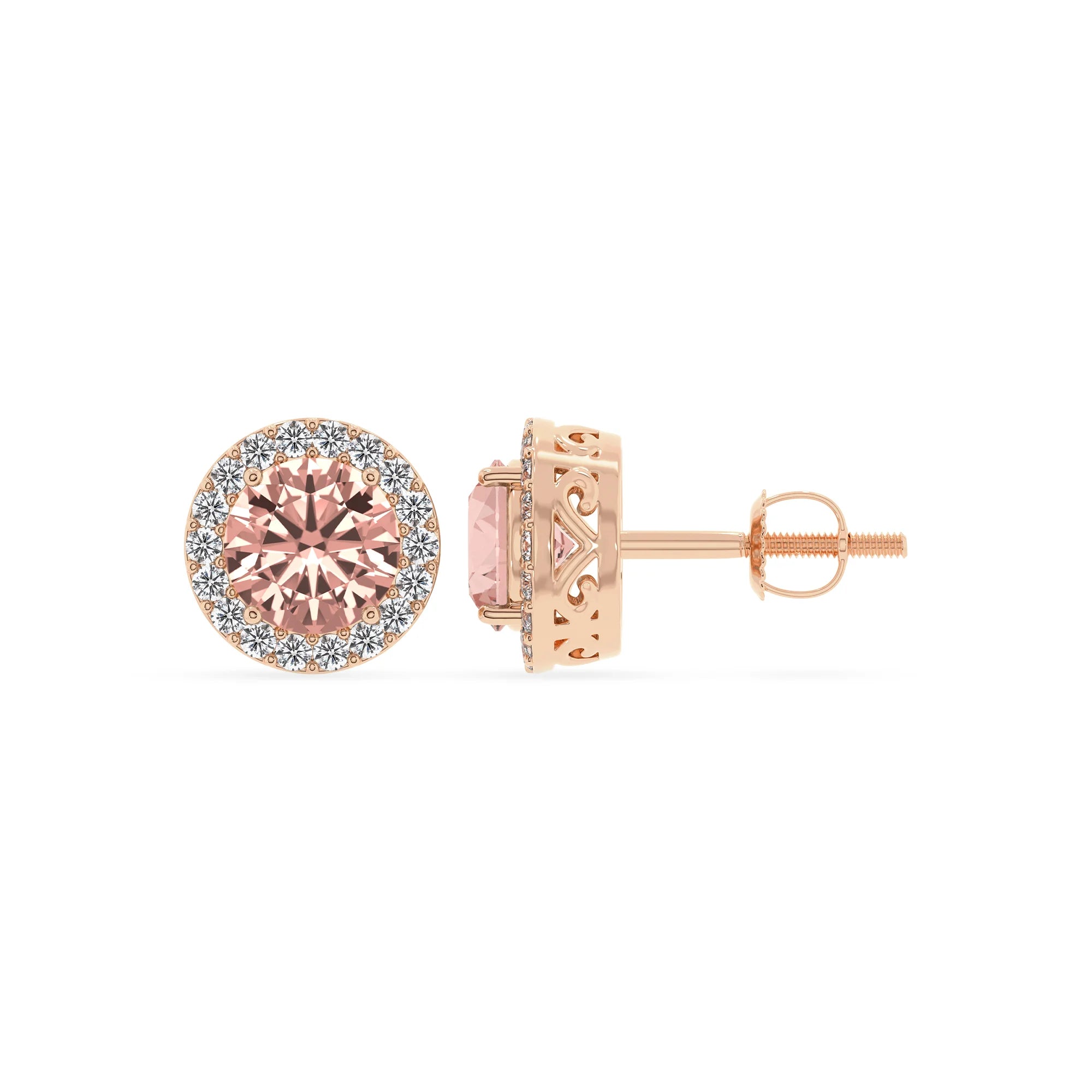 lab grown morganite round stud earrings in rose gold 