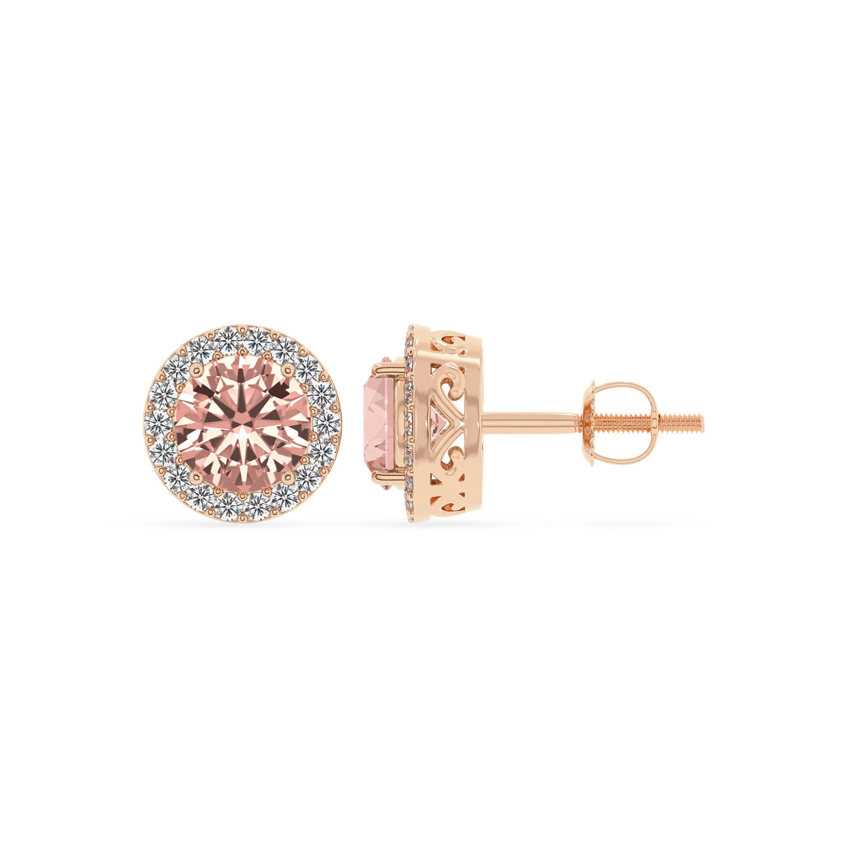 lab grown morganite round stud earrings in rose gold 