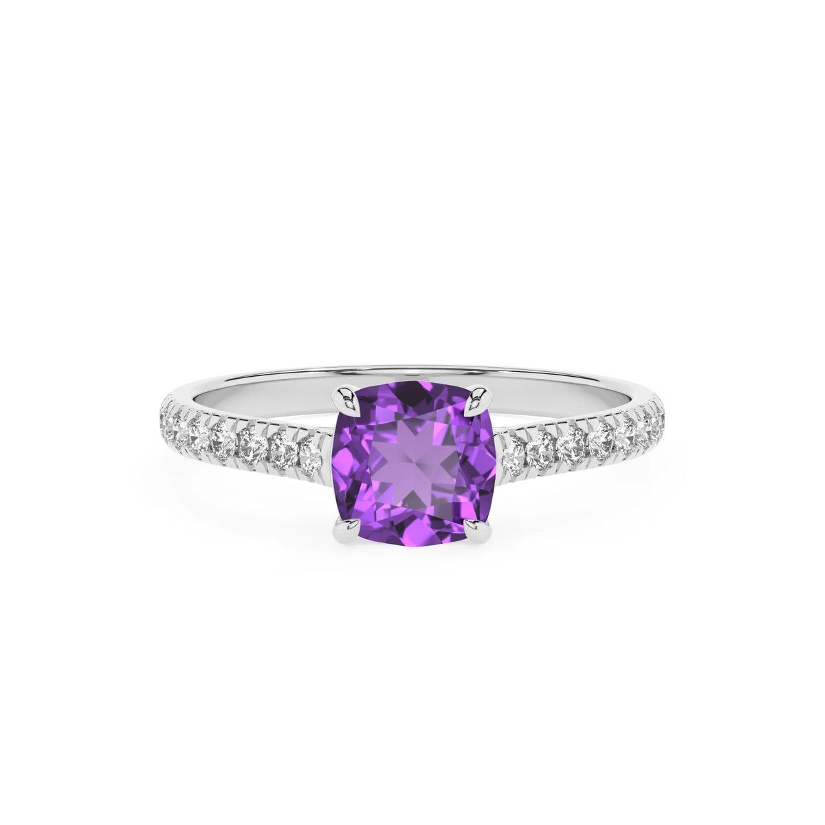 lab grown amethyst cushion half eternity solitaire engagement rings in white gold 