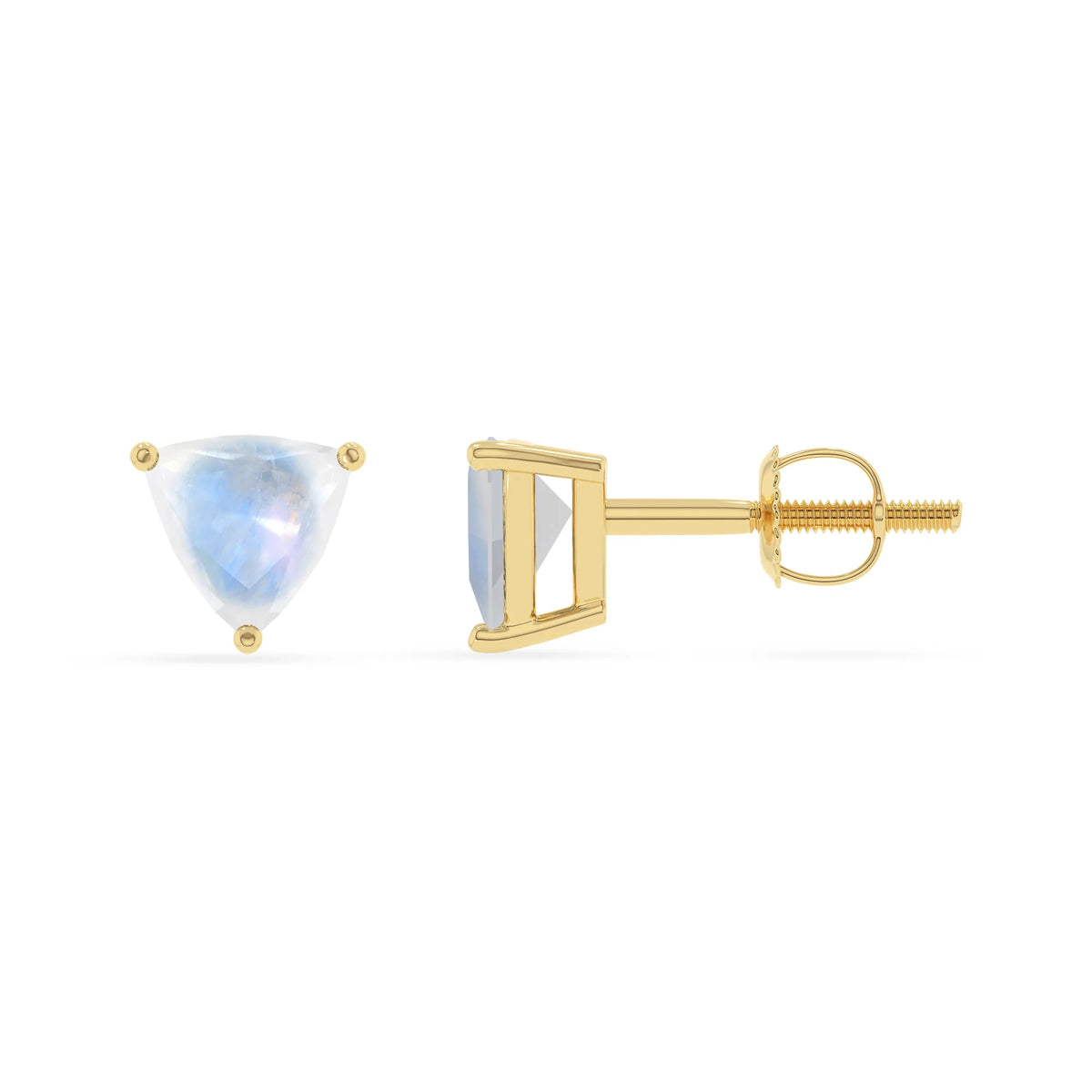 natural rainbow moonstone trillion stud earrings in yellow gold 