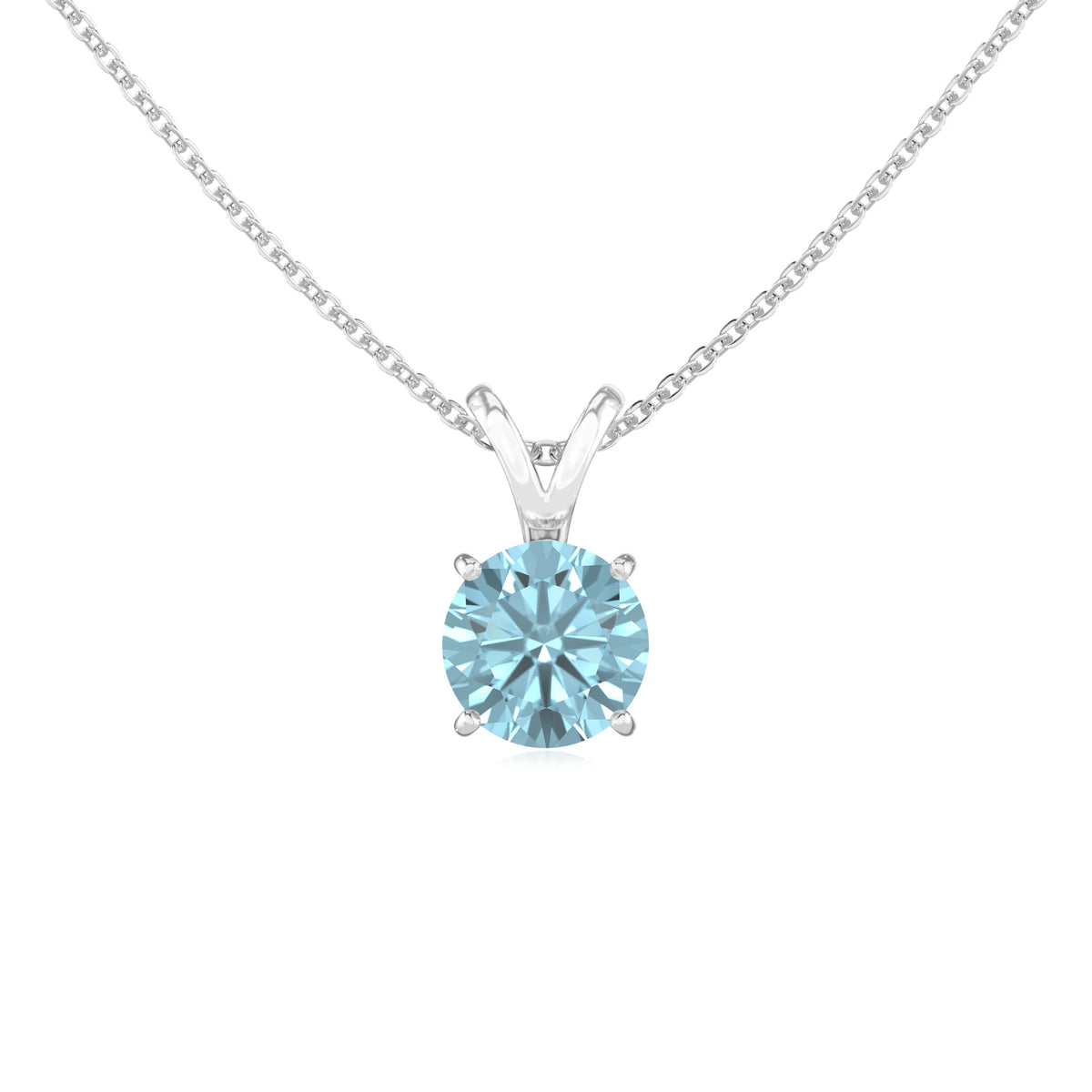 lab grown aquamarine round solitaire v-bale necklaces in sterling silver 