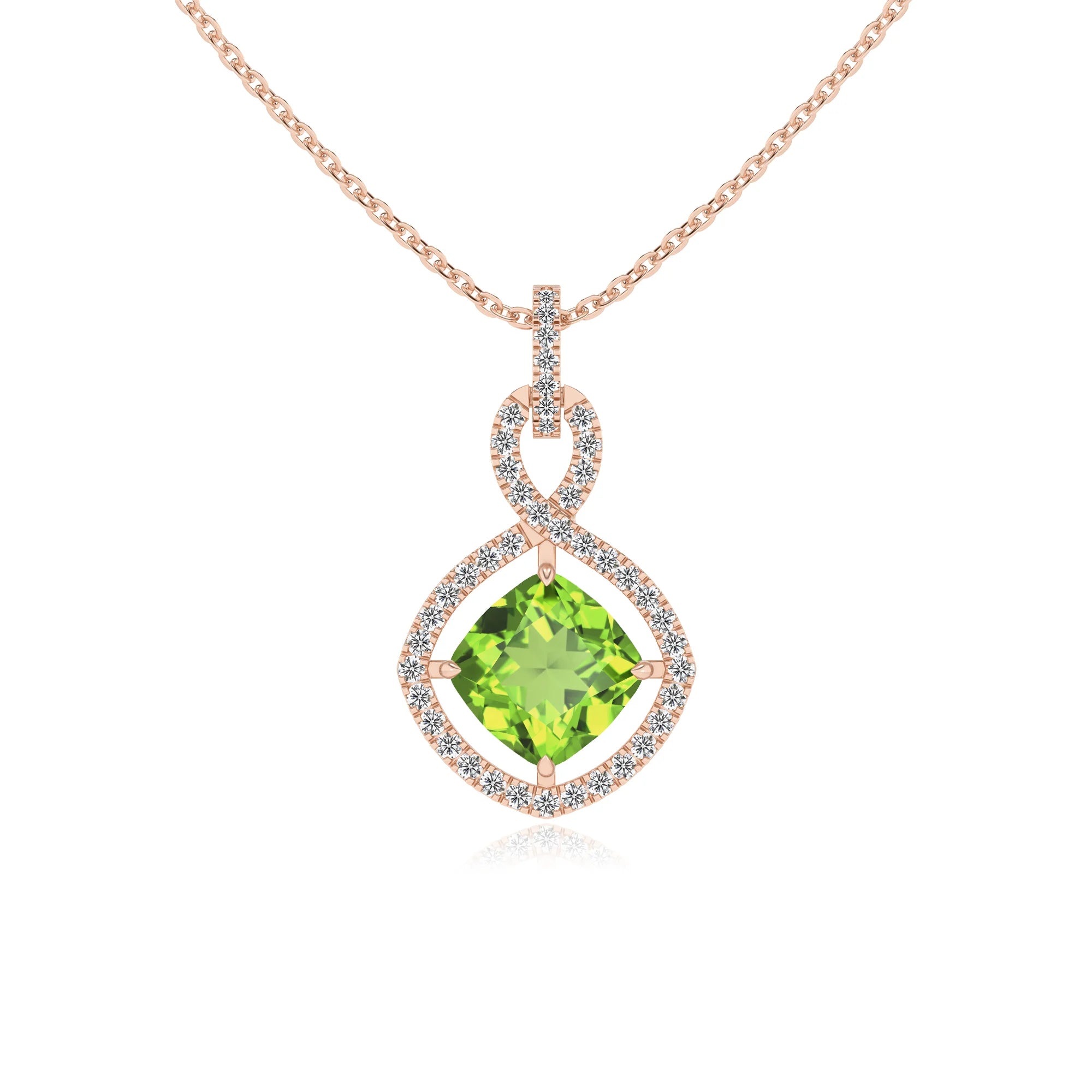 natural peridot cushion infinity necklaces in rose gold 