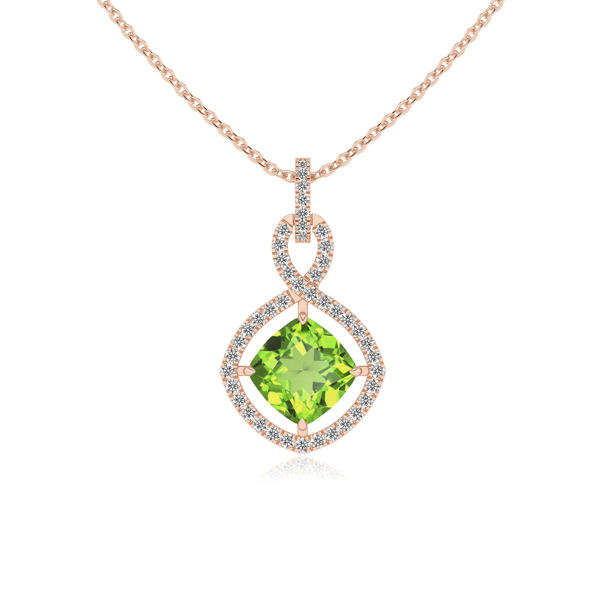 natural peridot cushion infinity necklaces in rose gold 