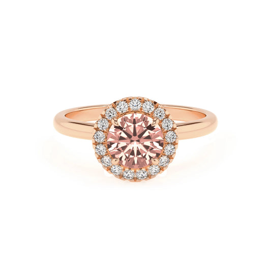 lab grown morganite round solitaire rings in rose gold 