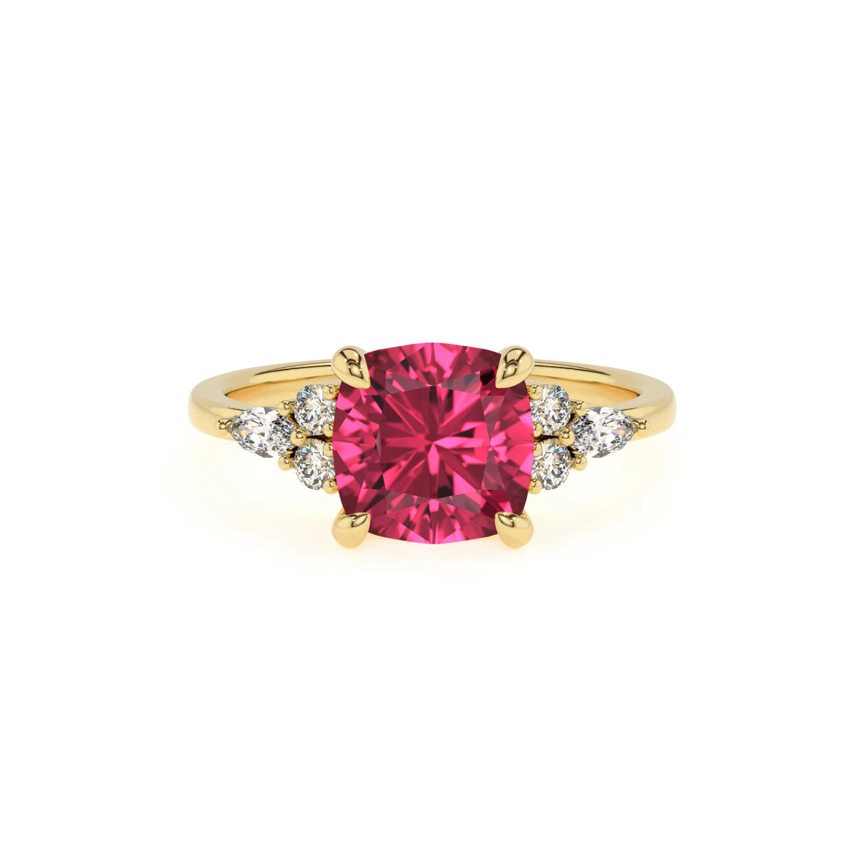 lab grown pink-tourmaline cushion solitaire rings in yellow gold 