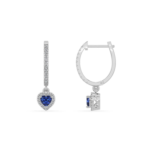 lab grown blue sapphire heart drop earrings in platinum 