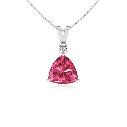 lab grown pink-tourmaline trillion solitaire v-bale necklaces in platinum 