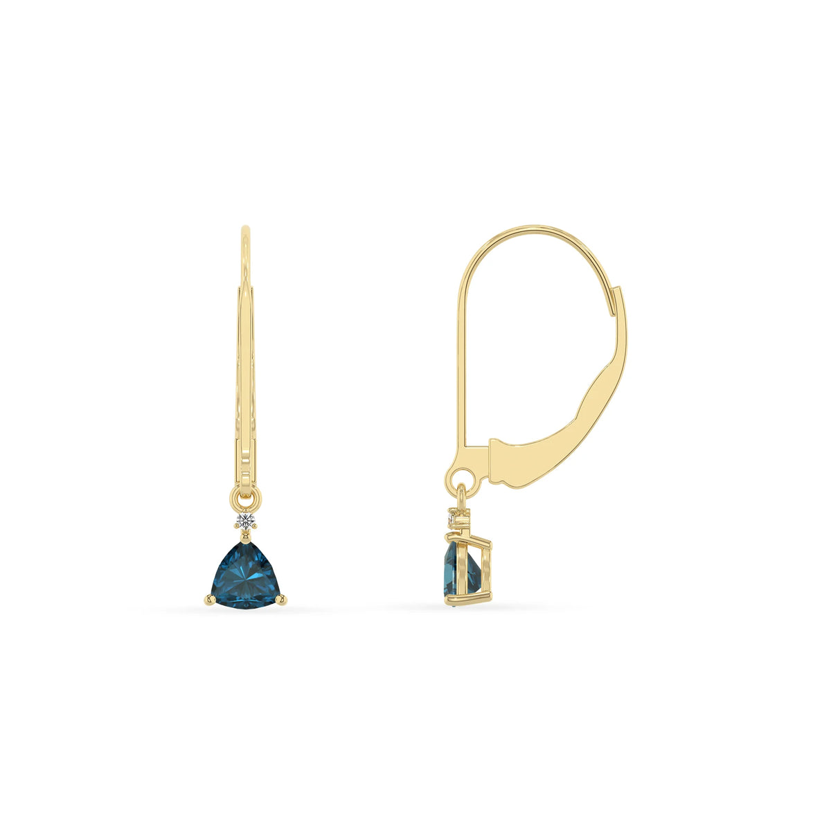 natural london blue topaz trillion drop earrings in yellow gold 