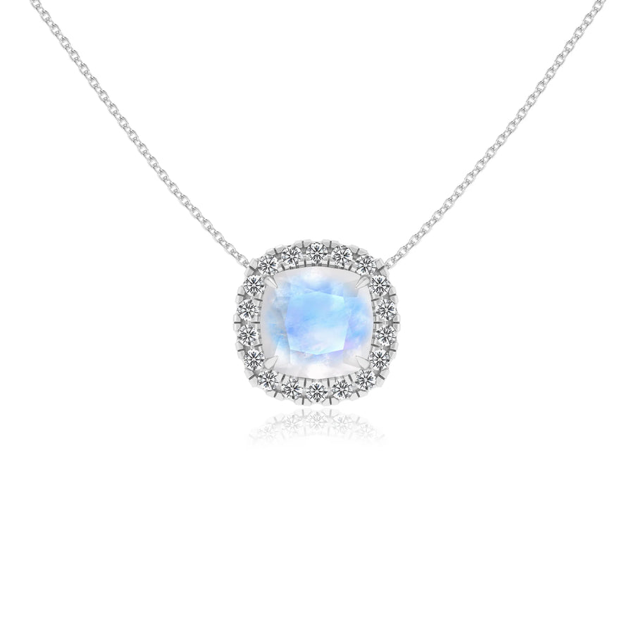natural rainbow moonstone cushion solitaire necklaces in sterling silver 