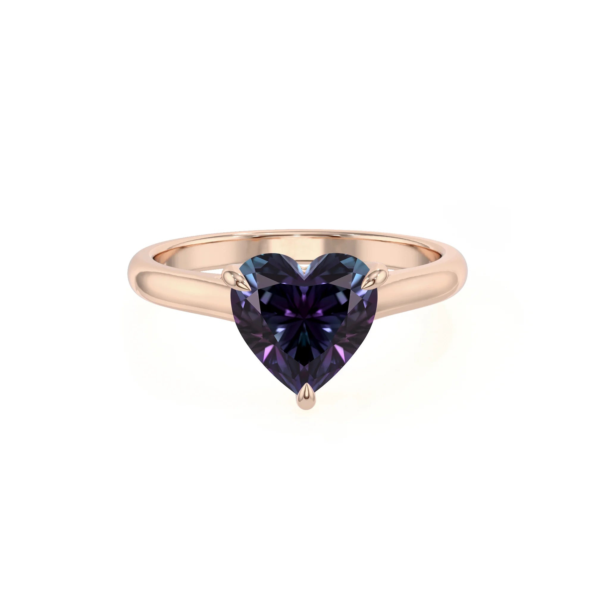 lab grown alexandrite heart solitaire rings in rose gold 