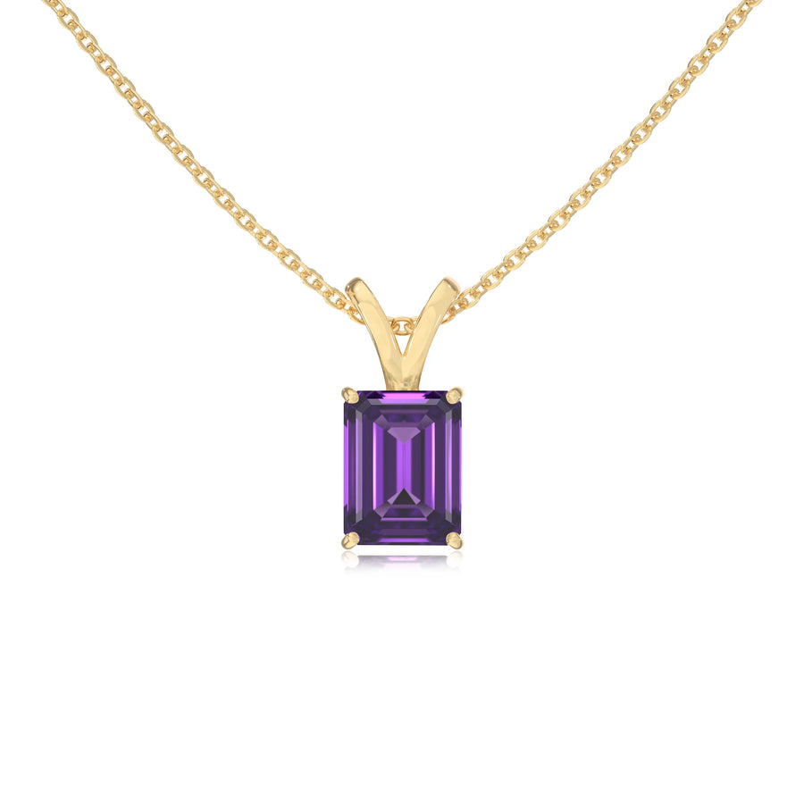 lab grown amethyst emerald cut solitaire v-bale necklaces in yellow gold 