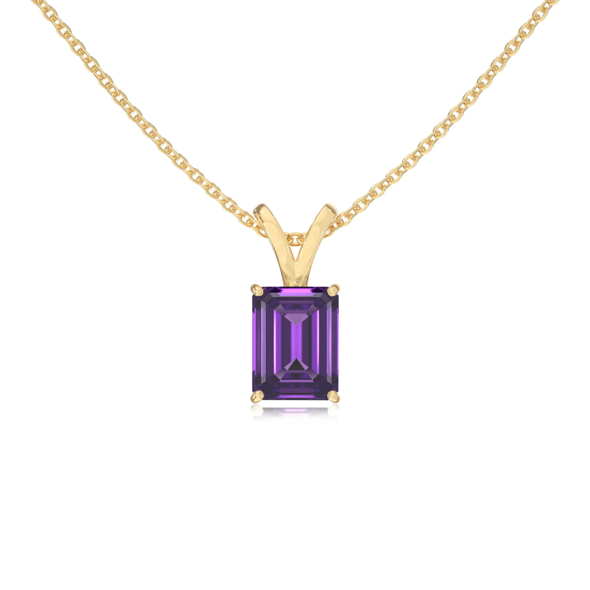 lab grown amethyst emerald cut solitaire v-bale necklaces in yellow gold 