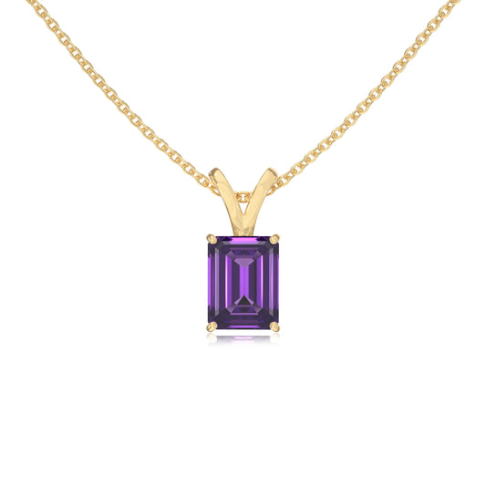 lab grown amethyst emerald cut solitaire v-bale necklaces in yellow gold 