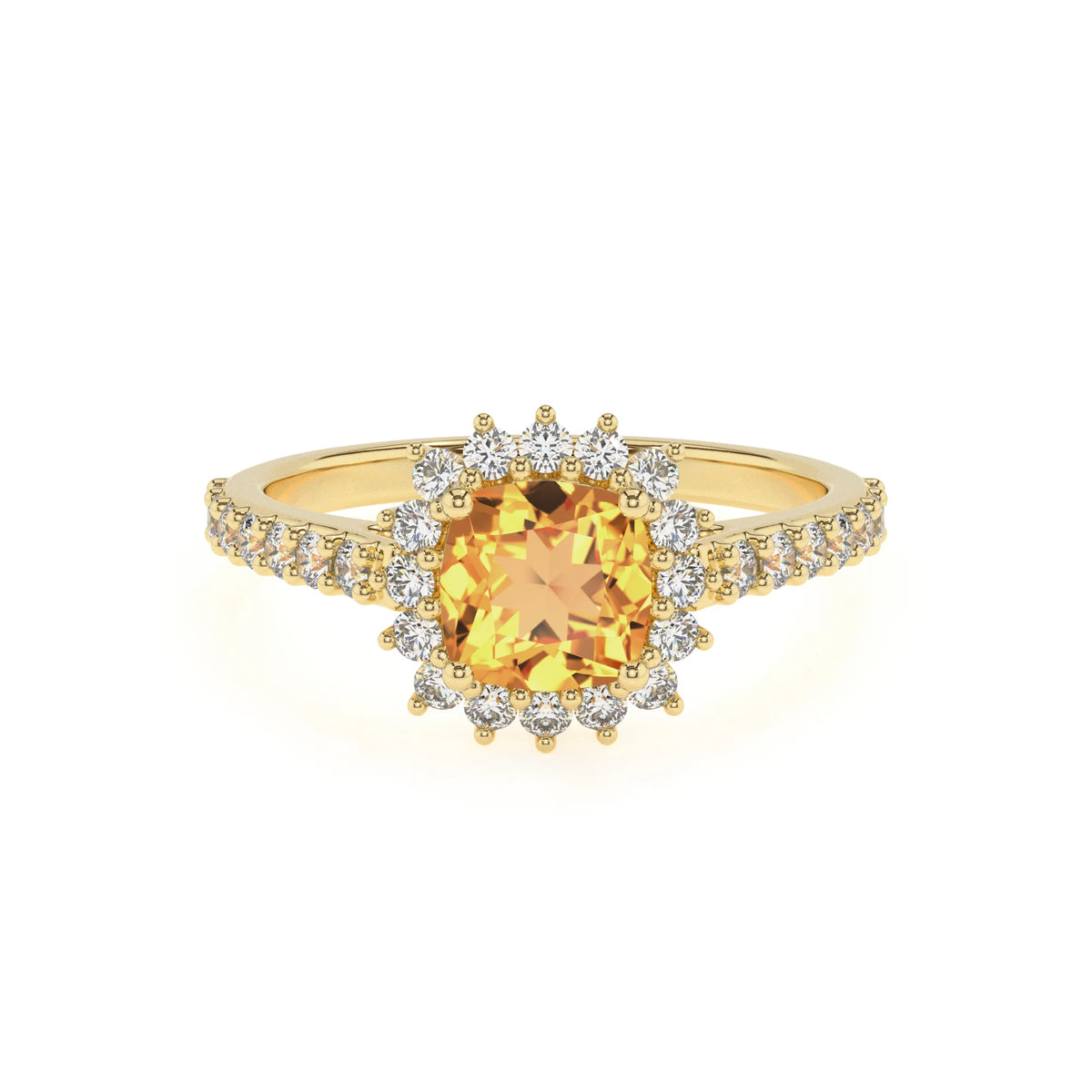 lab grown citrine cushion solitaire rings in yellow gold 