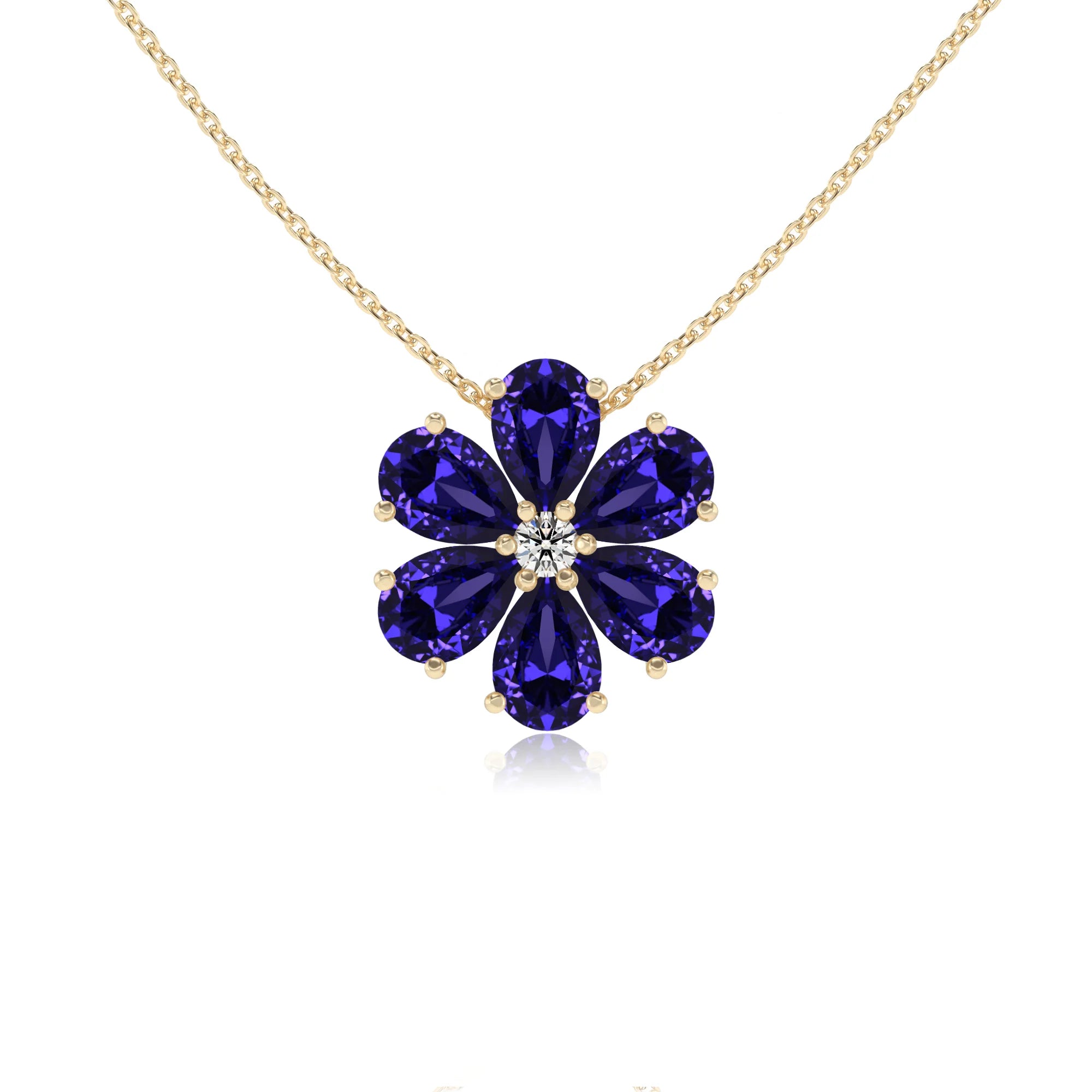 lab grown tanzanite pear solitaire necklaces in yellow gold 