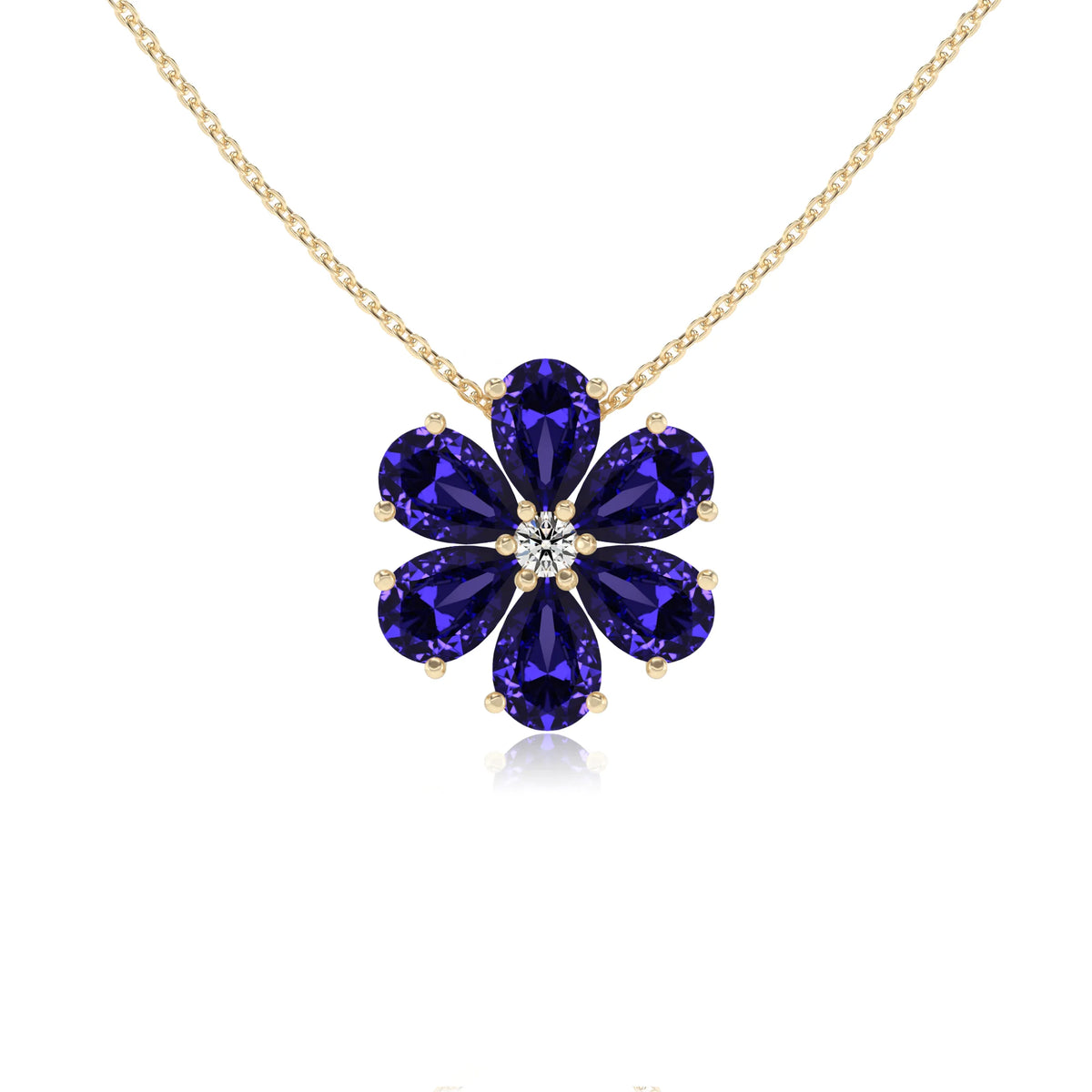 lab grown tanzanite pear solitaire necklaces in yellow gold 