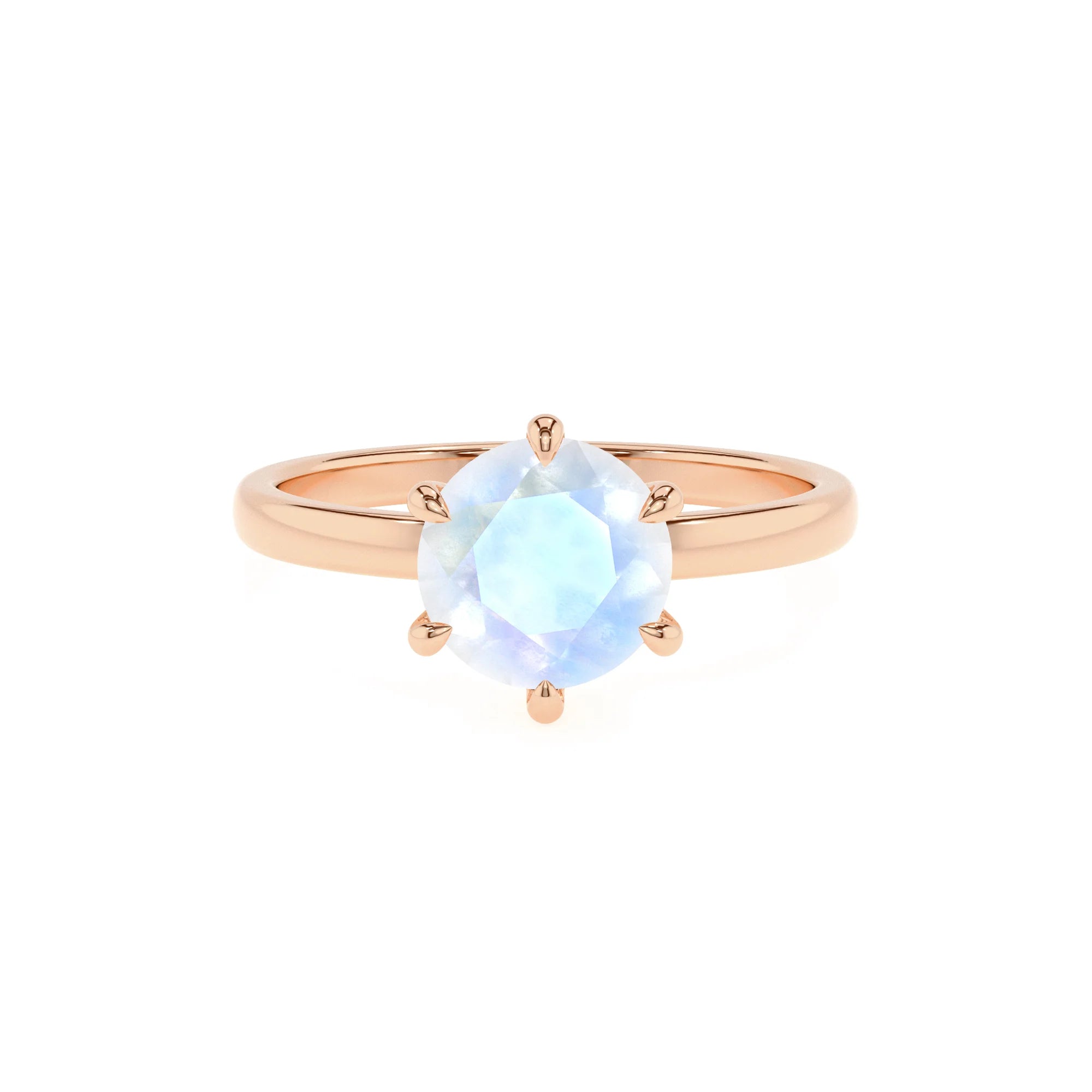 natural rainbow-moonstone round solitaire rings in rose gold 