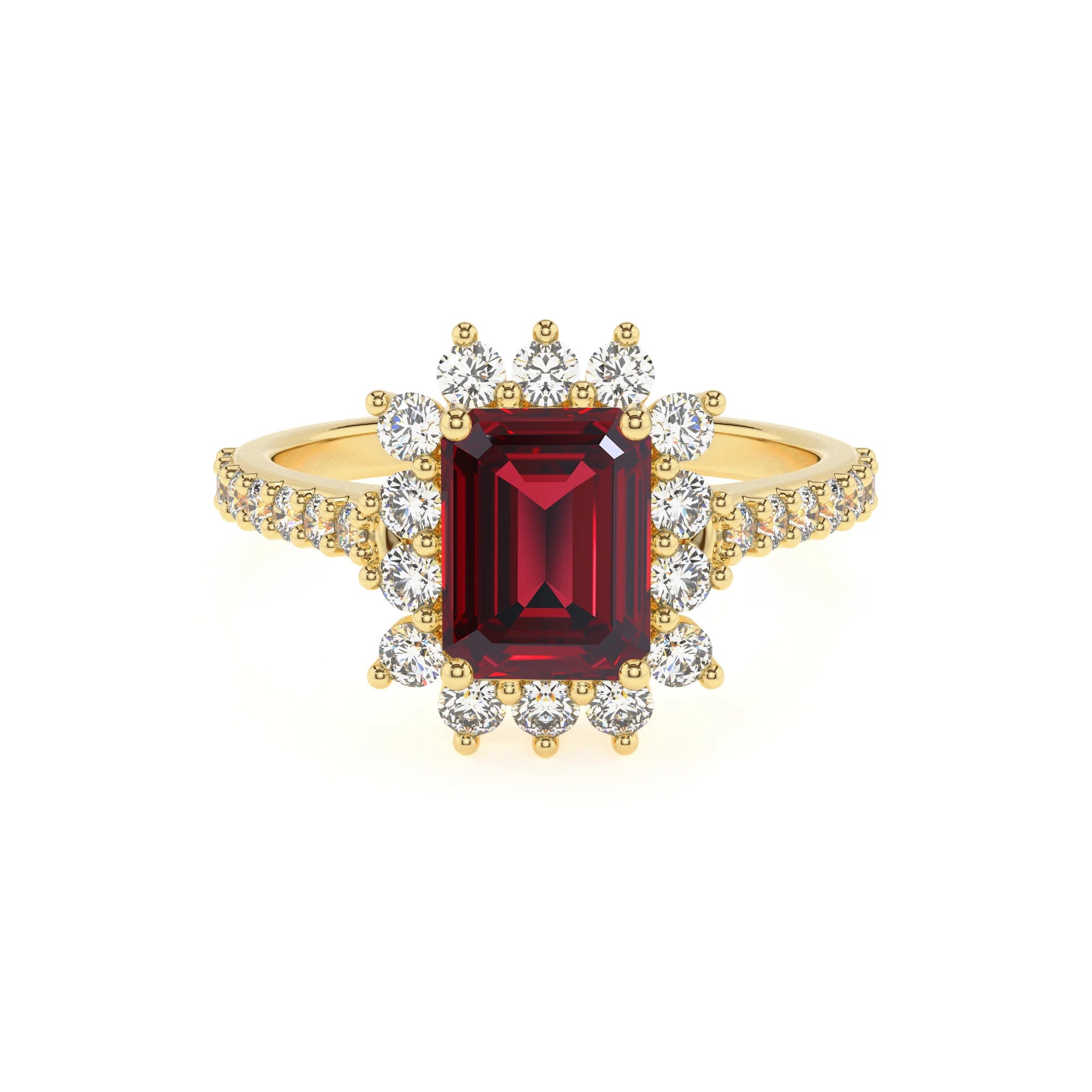 lab grown ruby emerald cut solitaire rings in yellow gold 