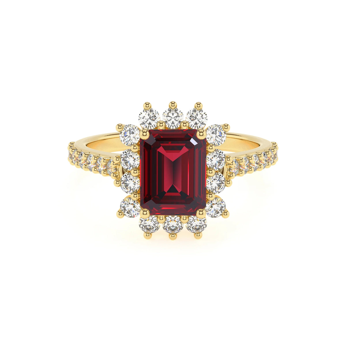 lab grown ruby emerald cut solitaire rings in yellow gold 