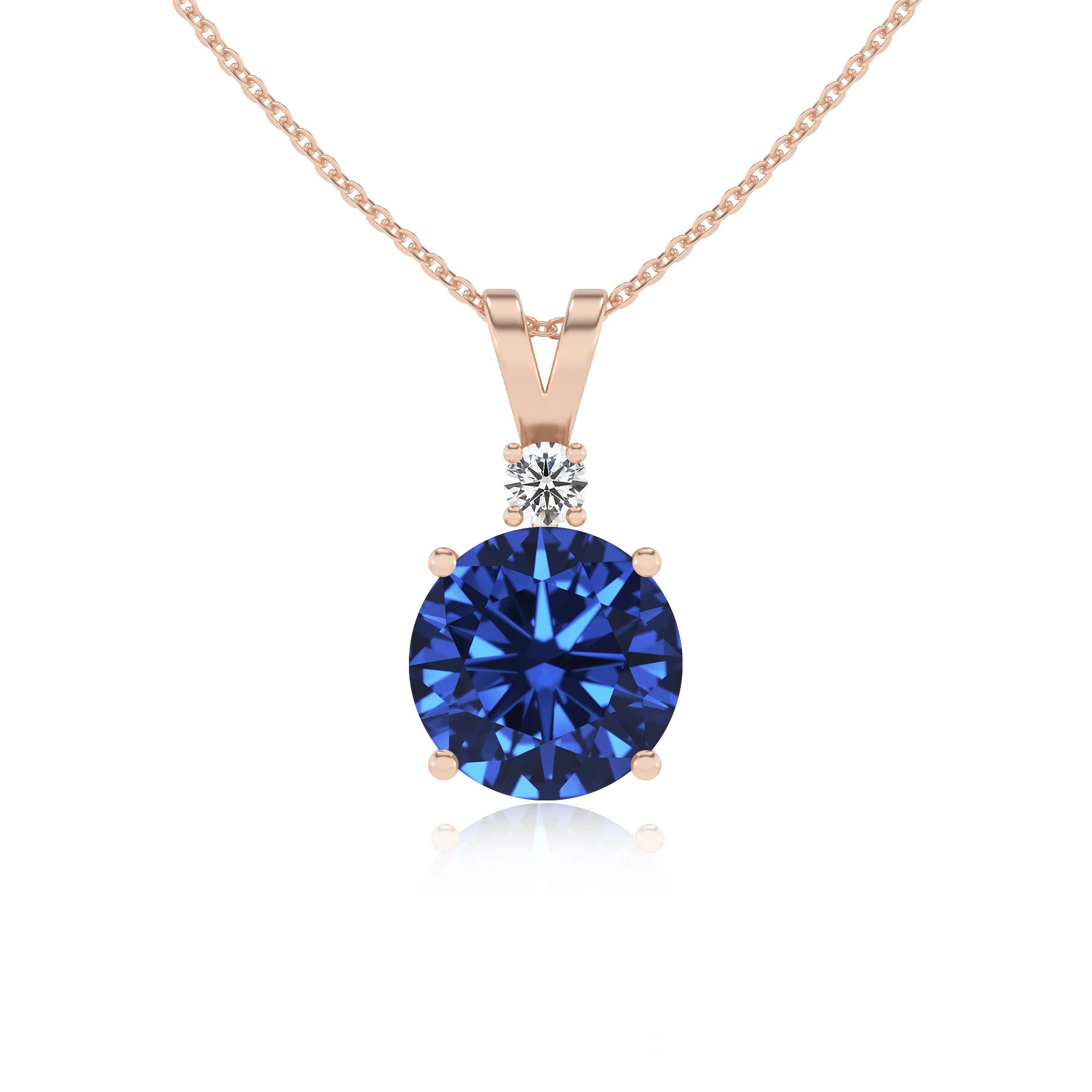 lab grown blue-sapphire round solitaire v-bale necklaces in rose gold 