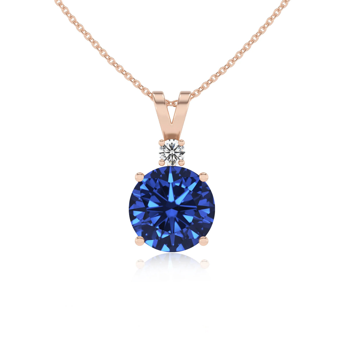 lab grown blue-sapphire round solitaire v-bale necklaces in rose gold 