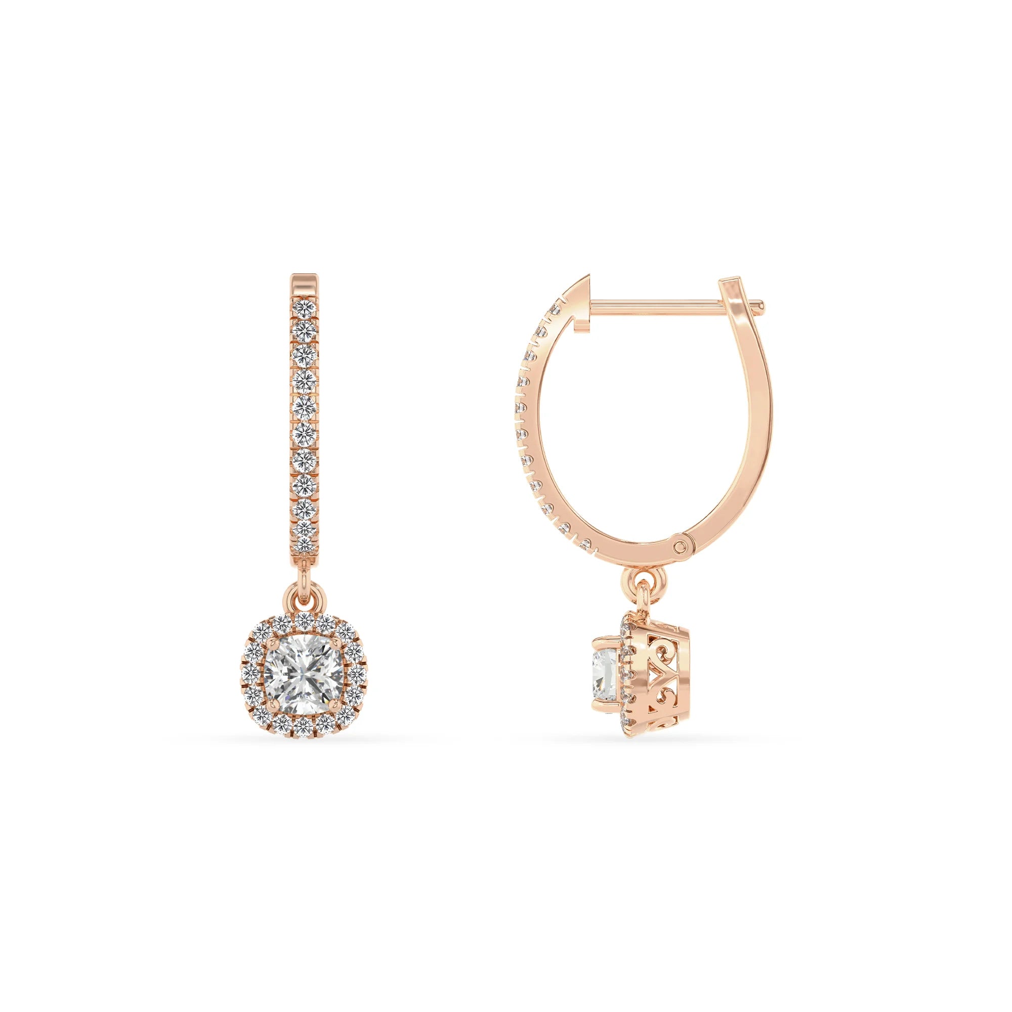 lab grown moissanite cushion drop earrings in rose gold 