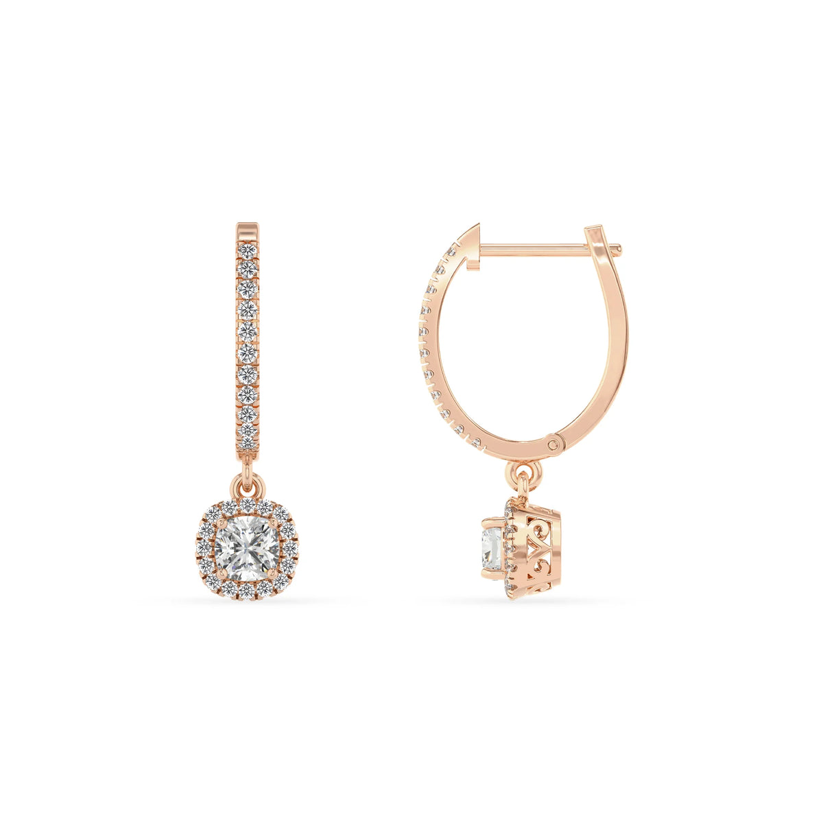 lab grown moissanite cushion drop earrings in rose gold 