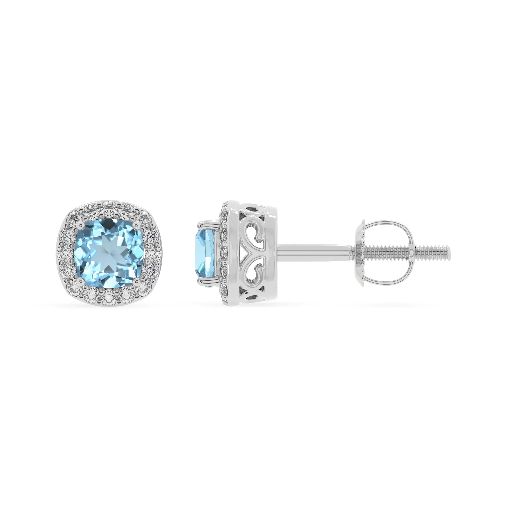lab grown aquamarine cushion stud earrings in white gold 