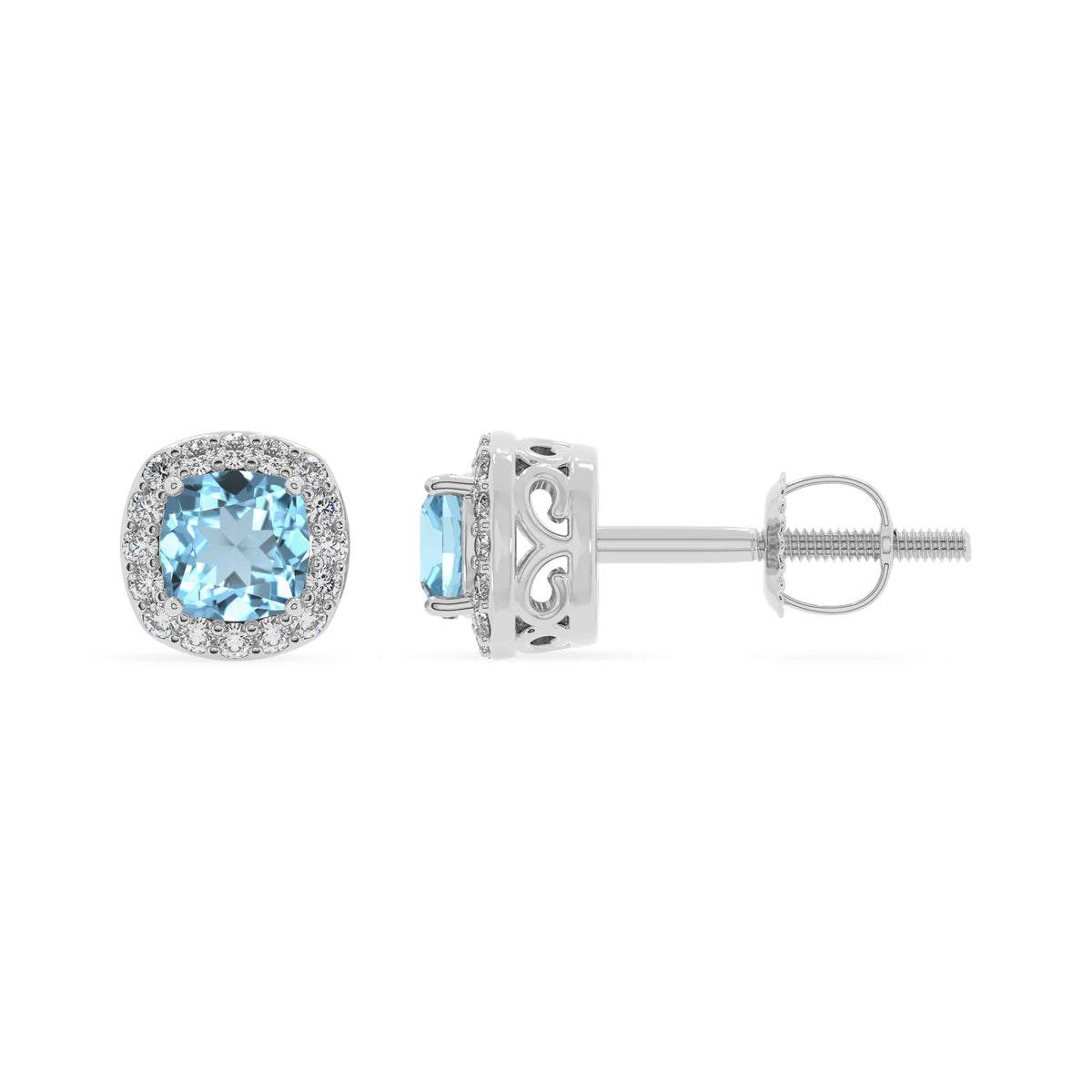 lab grown aquamarine cushion stud earrings in white gold 