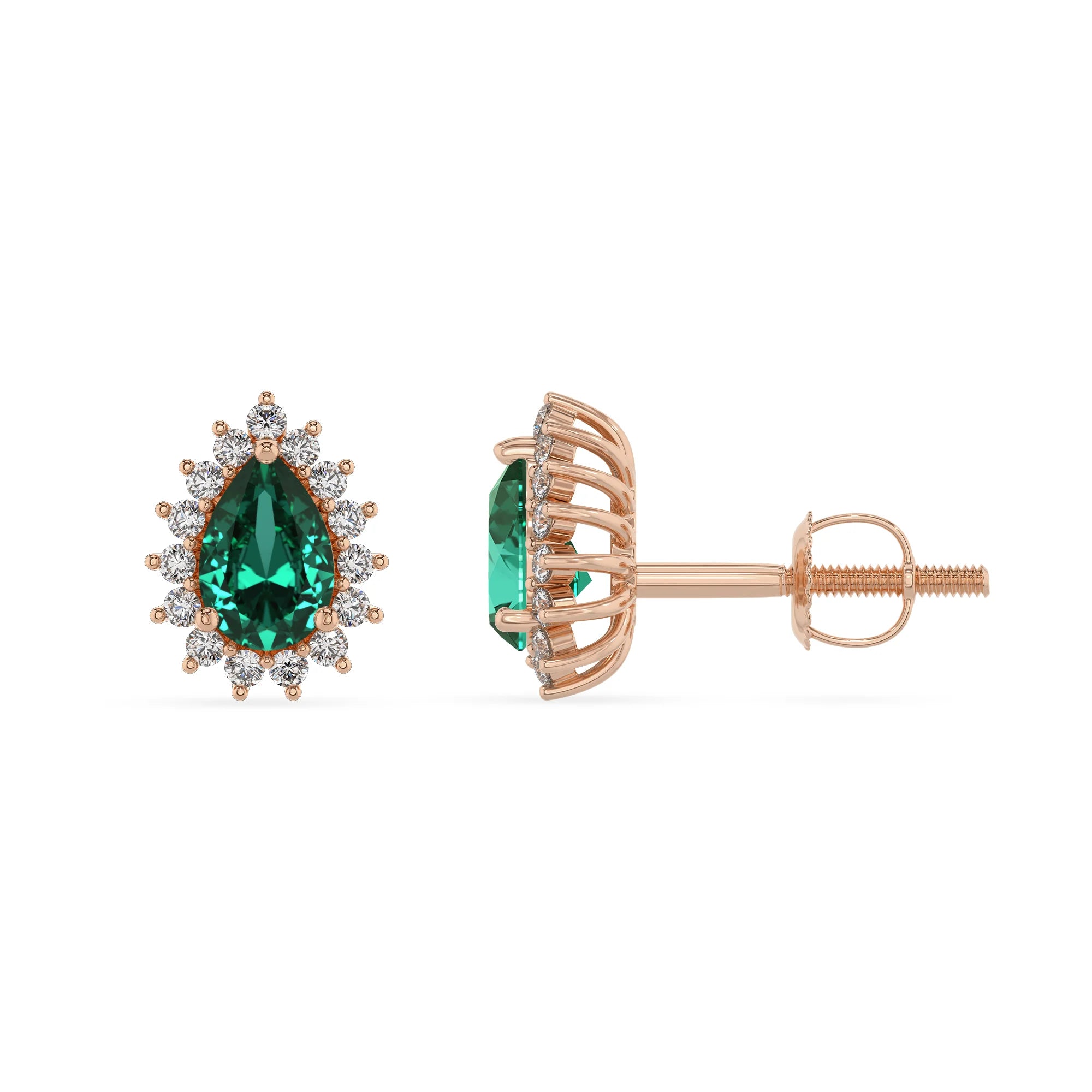 lab grown emerald pear stud earrings in rose gold 