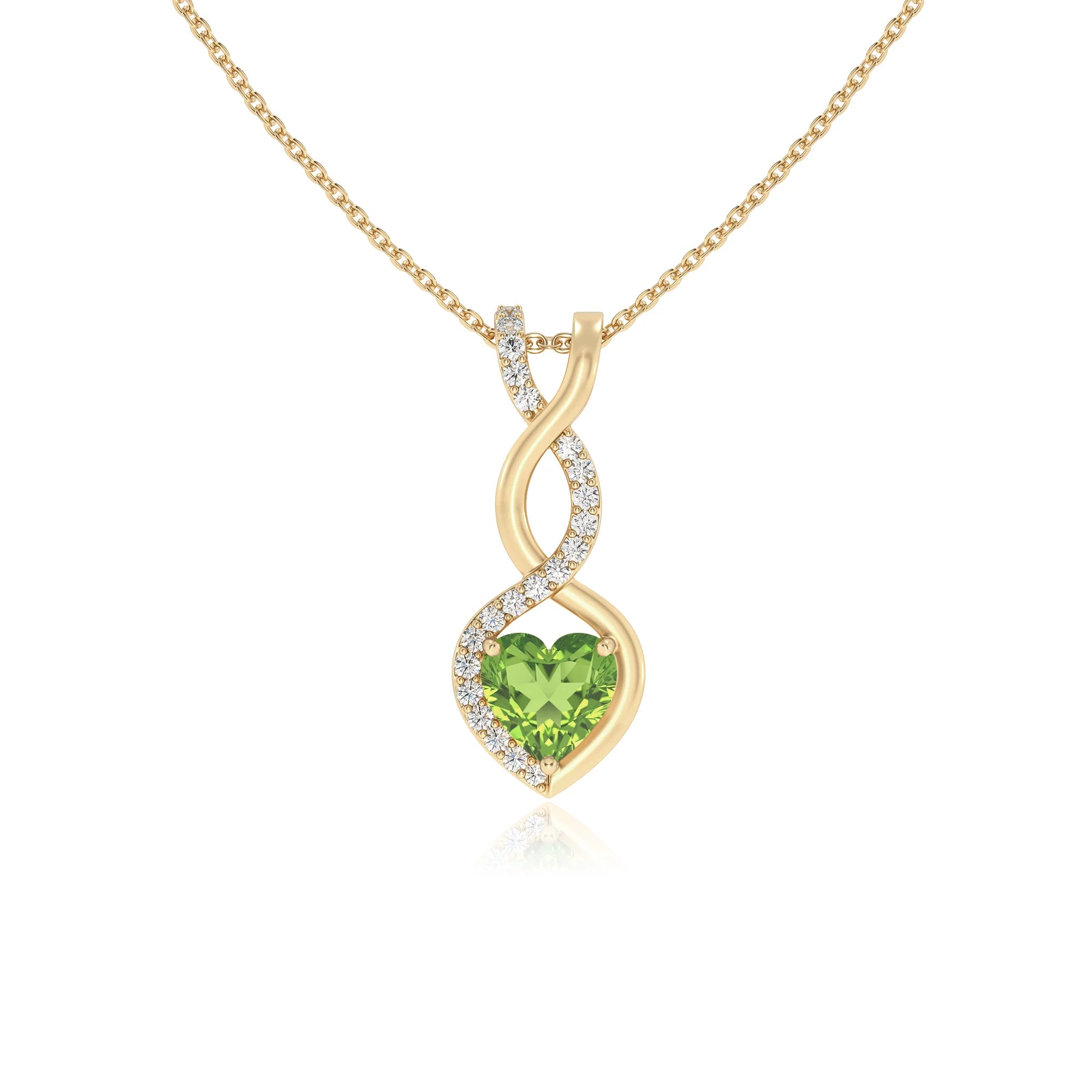 natural peridot heart infinity necklaces in yellow gold 
