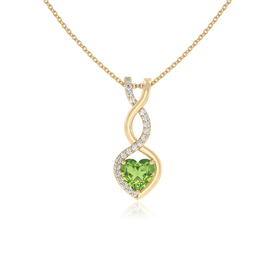 natural peridot heart infinity necklaces in yellow gold 