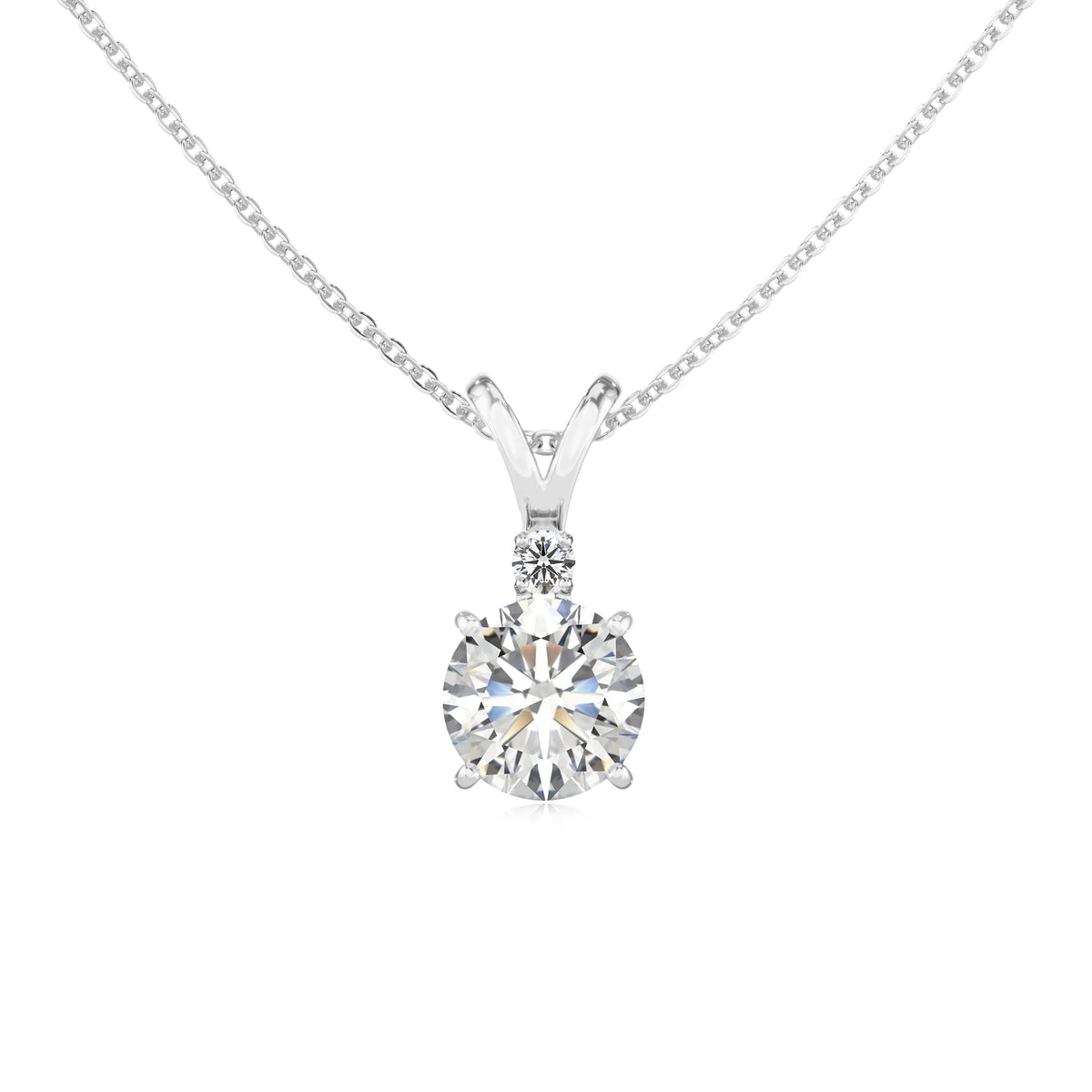 lab grown moissanite round solitaire v-bale necklaces in white gold 