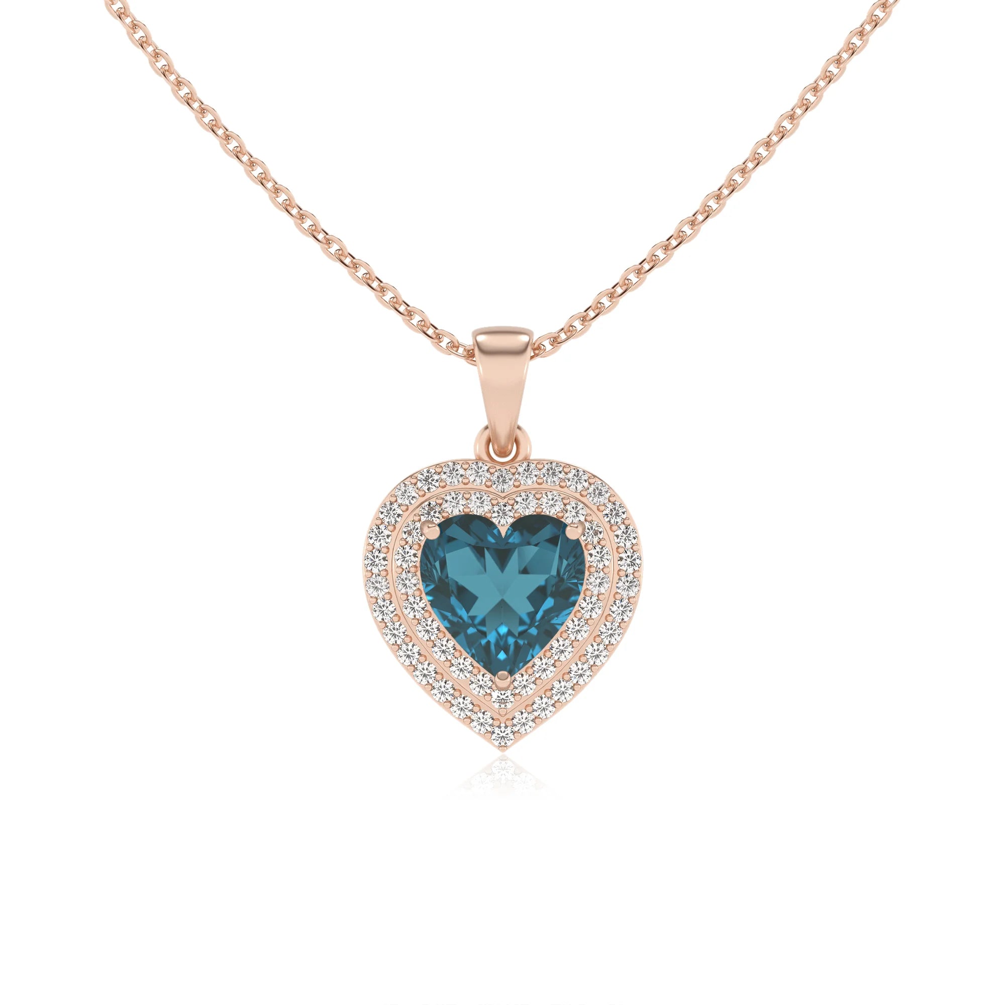 natural london blue topaz heart halo necklaces in rose gold 