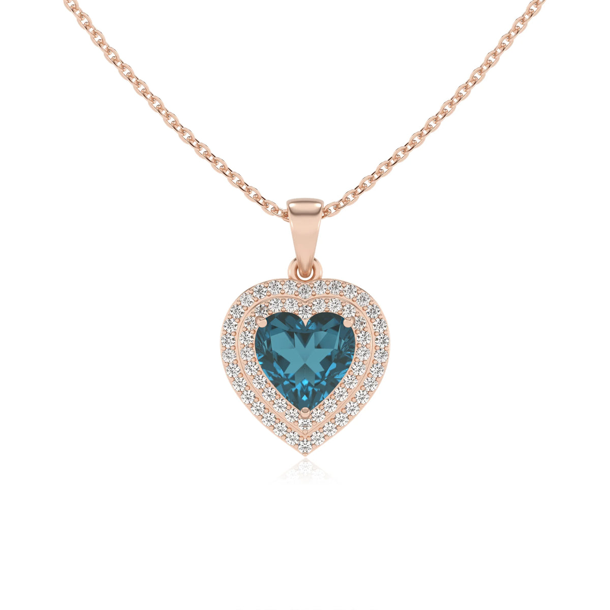 natural london blue topaz heart halo necklaces in rose gold 