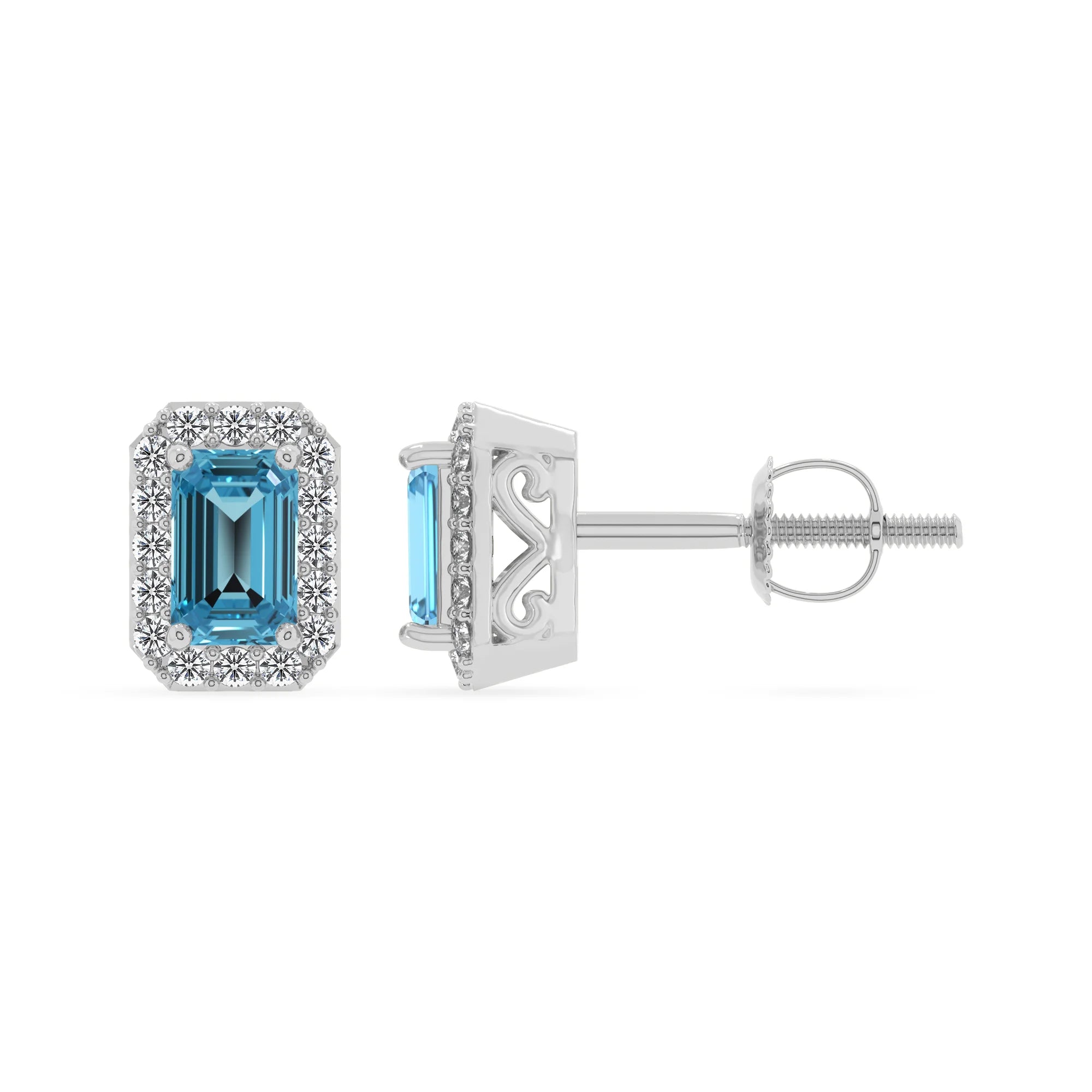 natural swiss blue topaz emerald cut stud earrings in white gold 