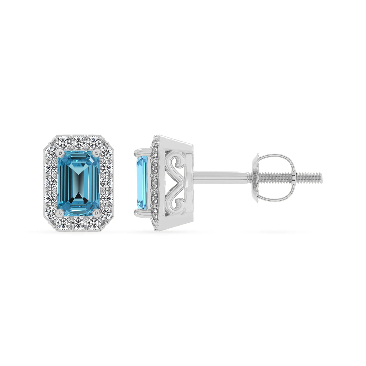 natural swiss blue topaz emerald cut stud earrings in white gold 