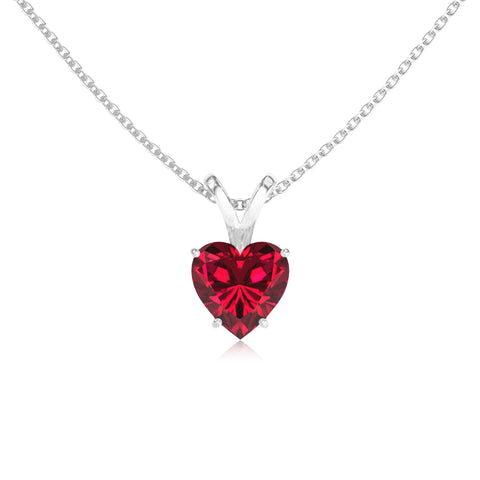 Lab Grown Ruby Heart Solitaire V-Bale Pendant Necklace with 18" Chain