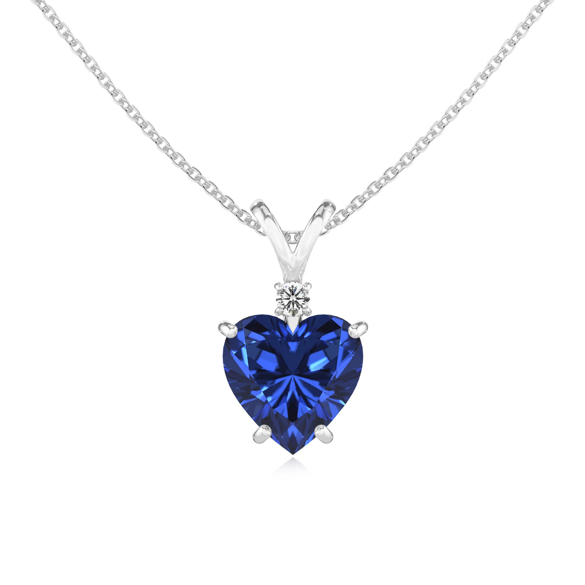 lab grown blue-sapphire heart solitaire v-bale necklaces in platinum 