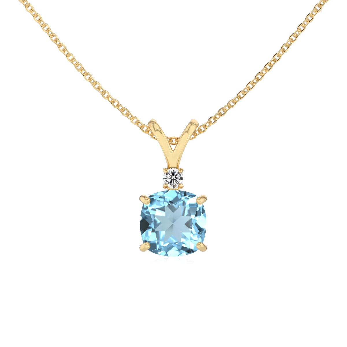 lab grown aquamarine cushion solitaire v-bale necklaces in yellow gold 