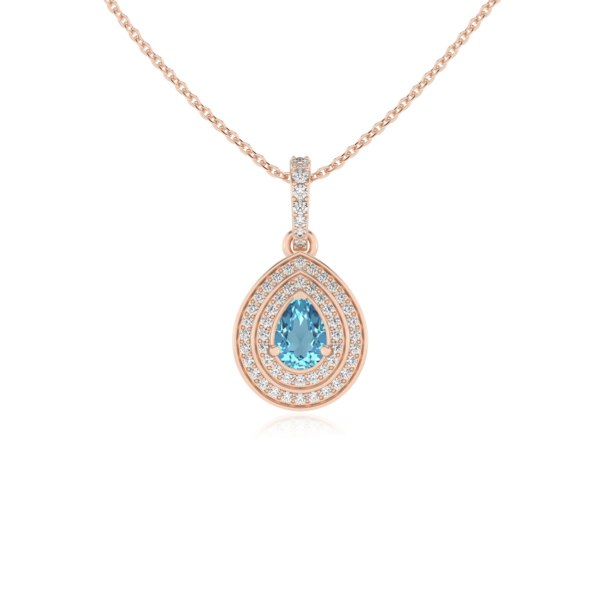 natural swiss-blue-topaz pear halo necklaces in rose gold 