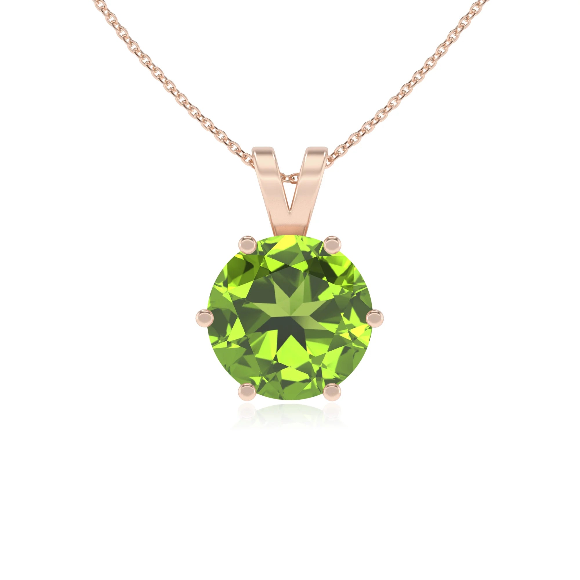 natural peridot round solitaire v-bale necklaces in rose gold 