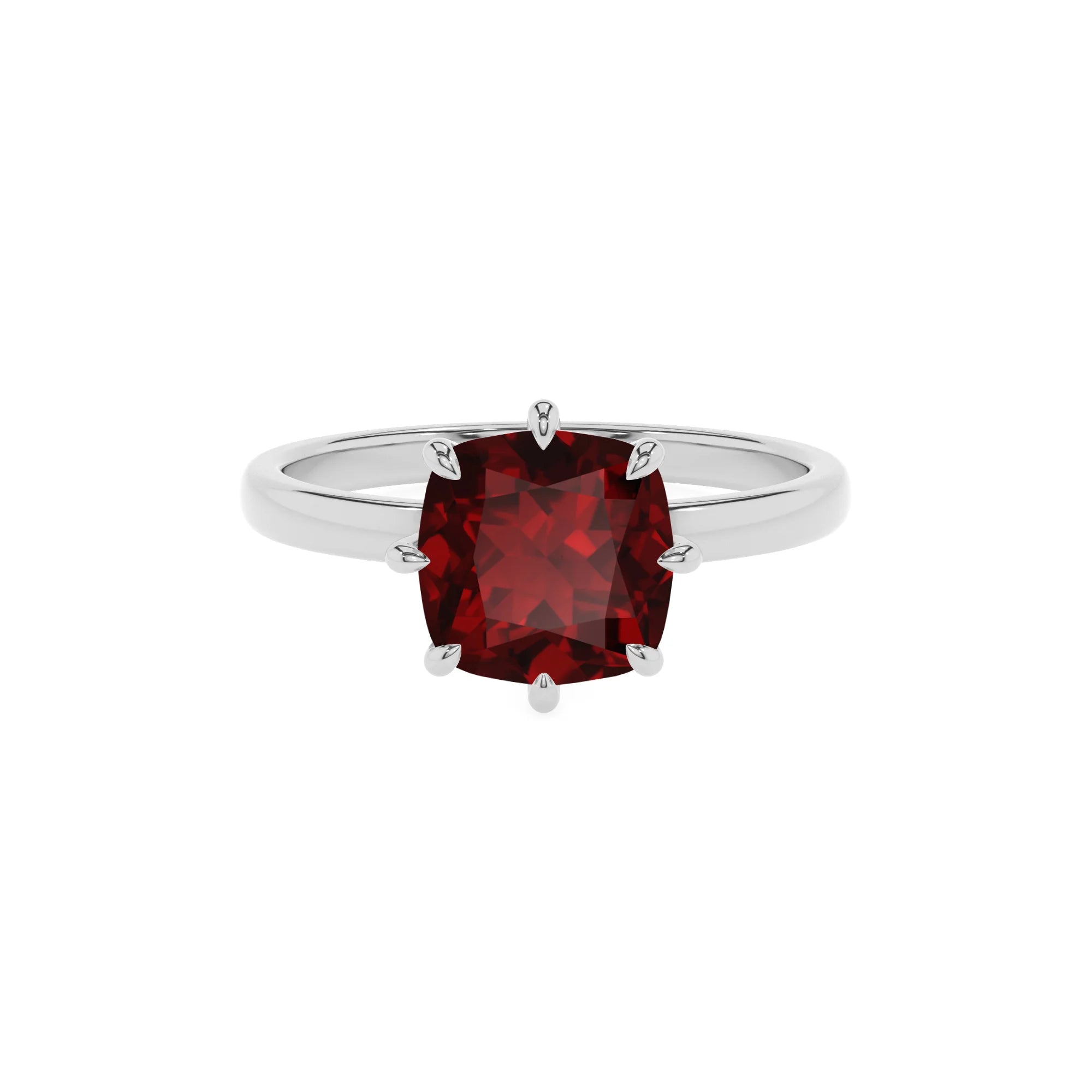 natural garnet cushion solitaire rings in platinum 
