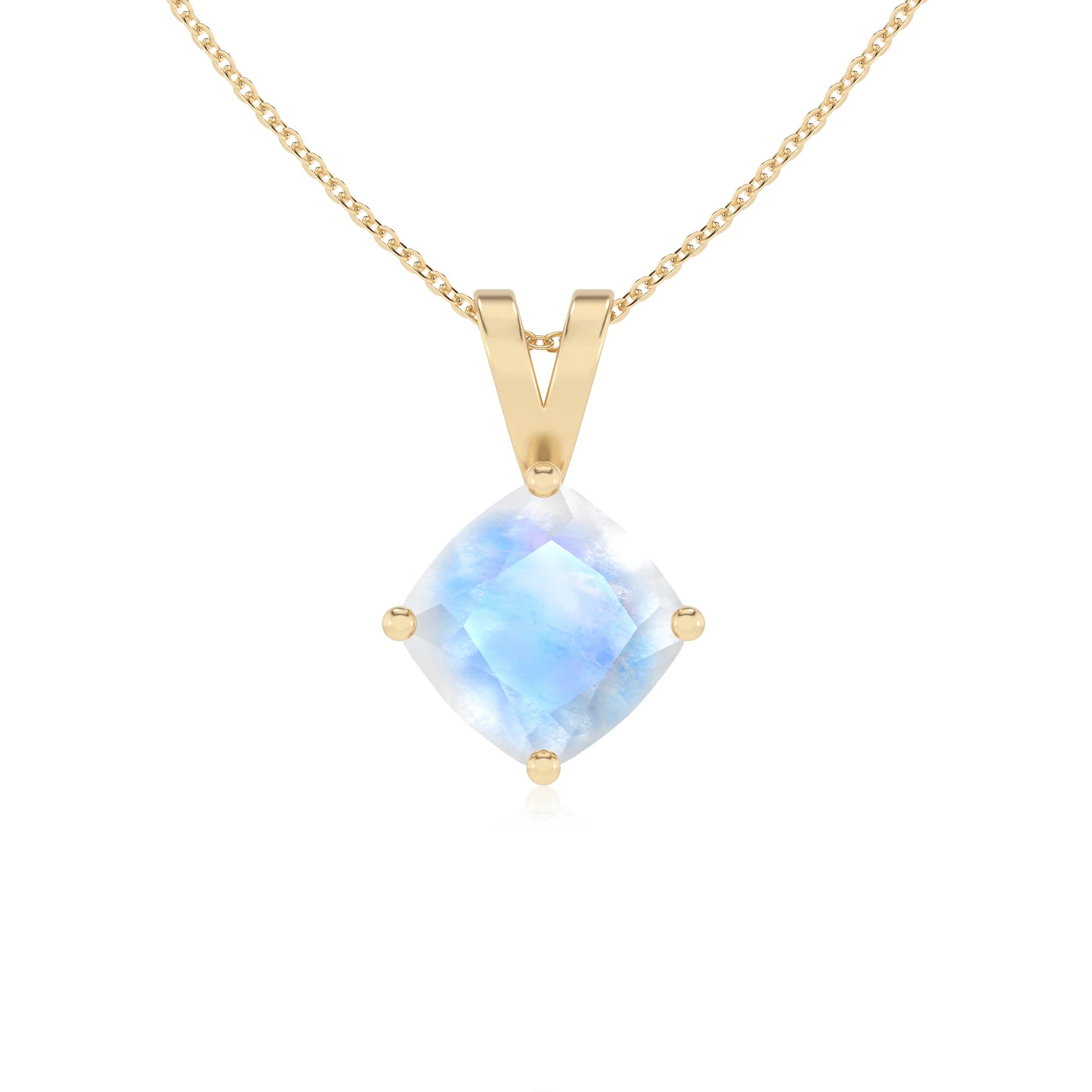 natural rainbow-moonstone cushion solitaire v-bale necklaces in yellow gold 