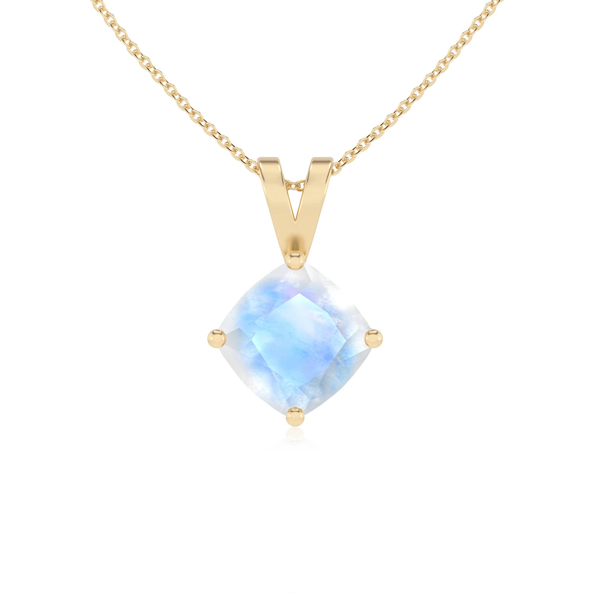 natural rainbow-moonstone cushion solitaire v-bale necklaces in yellow gold 