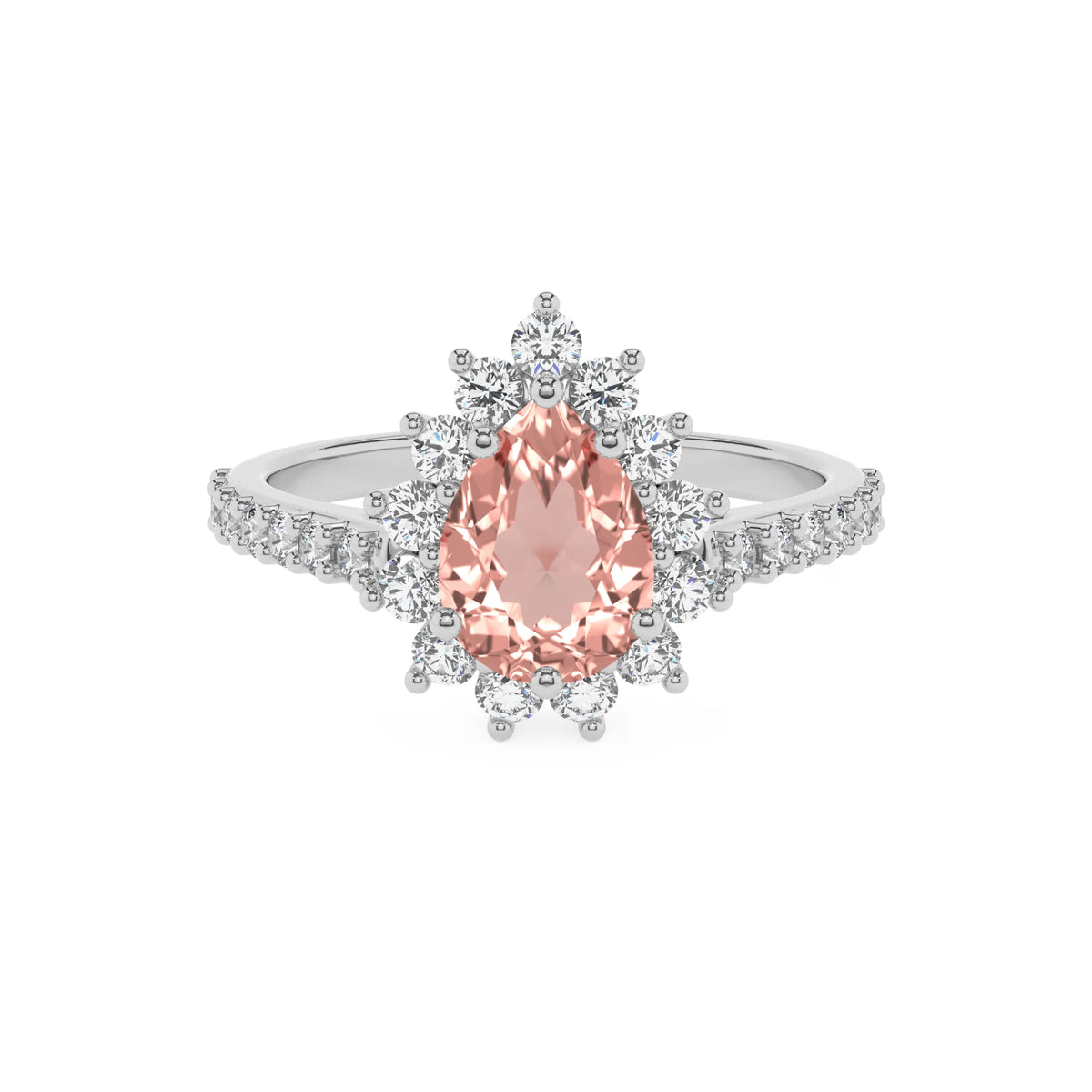 lab grown morganite pear solitaire rings in platinum 