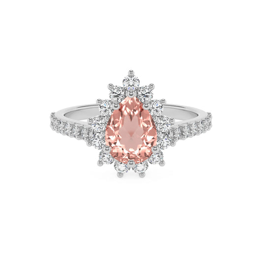 lab grown morganite pear solitaire rings in platinum 